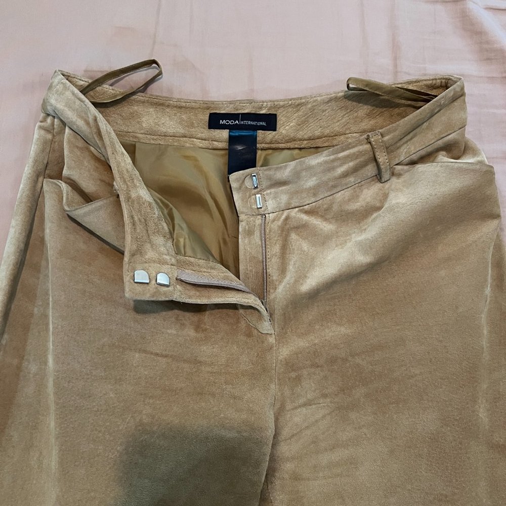 ❣️LIKE NEW❣️Washable MODA International Beige Suede Pants 100% Genuine Leather - Picture 2 of 13